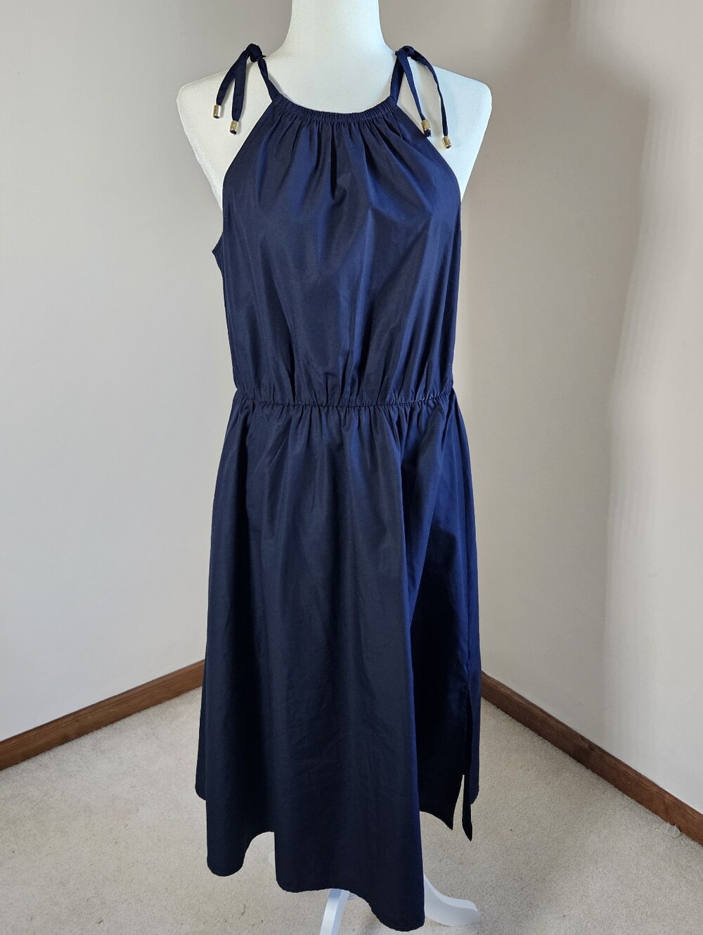 Michael Michael Kors Halter Tie Neck Midi Sun Dress Navy Elastic Waist 2025 SZ S